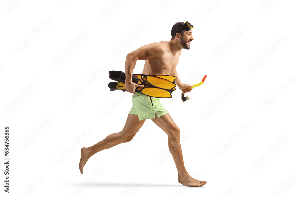 Sticker Man in swimwear holding snorkeling fins and running