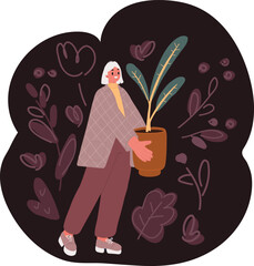 Cartoon vector illustration woman with a plant in pot