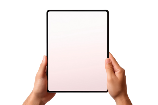 People Hand holding an iPad or Android pad tablet mockup white background PNG