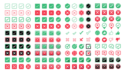 Green check mark and red cross icon Set of simple icons in flat style.
