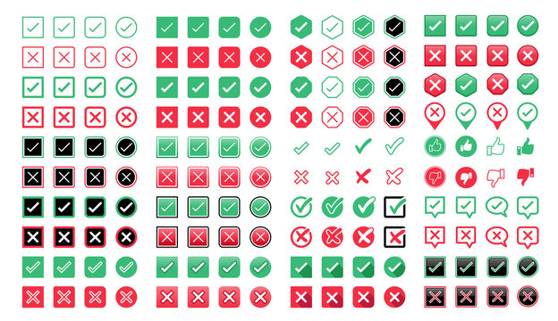 Green check mark and red cross icon Set of simple icons in flat style.
