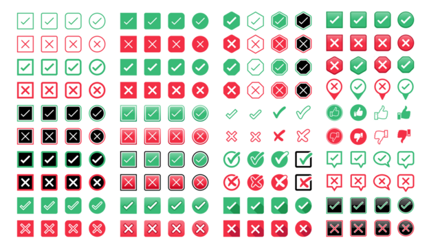 Green check mark and red cross icon Set of simple icons in flat style.