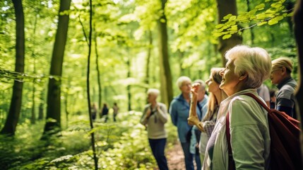 Obraz premium Elderly Woman with grey hair, hiking outdoor portrait of caucasian female pensioner with backpack, enjoying nature. Aging, retirement, people, active lifestyle, health care concept. AI photography.