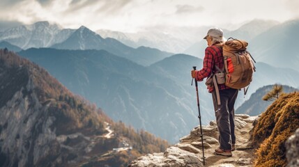 Girl hiking in the mountains with backpack. Walking on mountain