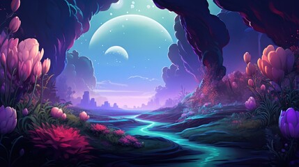 Flowers in glowing cosmic forest or garden landscape. Fantasy fairy tail abstract blossoming alien flowers with galaxy space Universe. Floral magical galaxy background. AI illustration digital art..