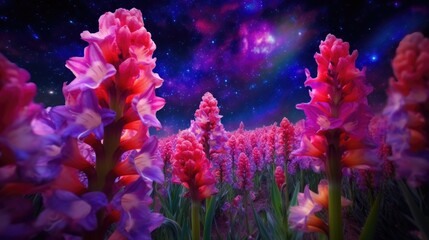 Fototapeta na wymiar Vibrant cosmic floral background. Magical mysterious beautiful mystical fantasy enchanted fabulous fairytale blooming galaxy flowers in space. AI illustration..