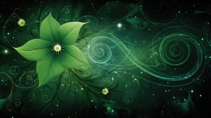 Flowers glowing green in the universe. Neon effect. Abstract fantasy fractal design for postcard, t-shirt, wallpaper. AI Illustration of green magic flower..