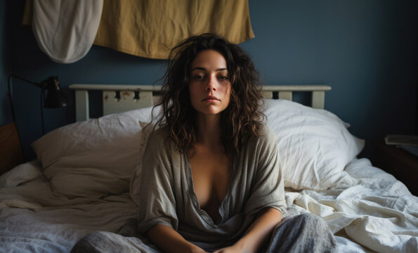 Young sleepless woman on her bed. Concept image on mental health issues. Generative AI.