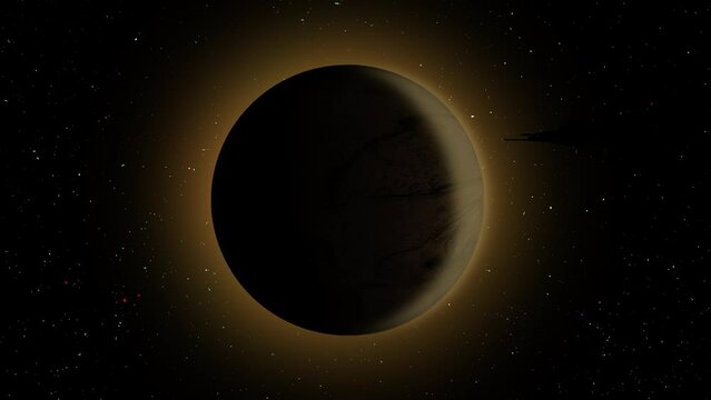 A total solar eclipse with a beautiful camera lens flare in the starry sky with falling meteors and mysterious spaceships flying by. 4k video animation.