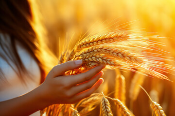 Close-up hand holding wheat. A farmer woman holds ripe ears of wheat in her hands. Wheat field. Rich harvest Concept. Agricultural business. Grain deal. Export of grain.