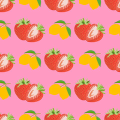 Strawberry and lemons seamless pattern on pink background.