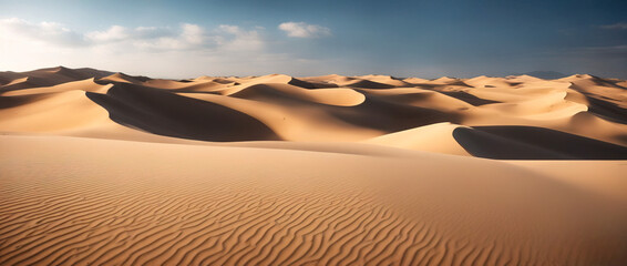 Fototapeta na wymiar Landscape of golden dune against blue sky with clouds. Wide angle shot. Desert scene.