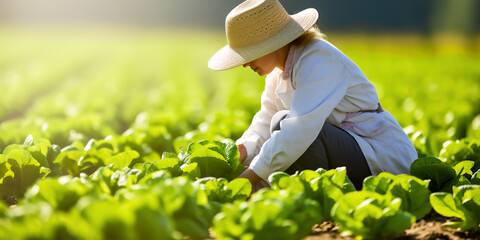 Naklejka na ściany i meble Young woman harvesting on her vegetable farm. Farmer in field.