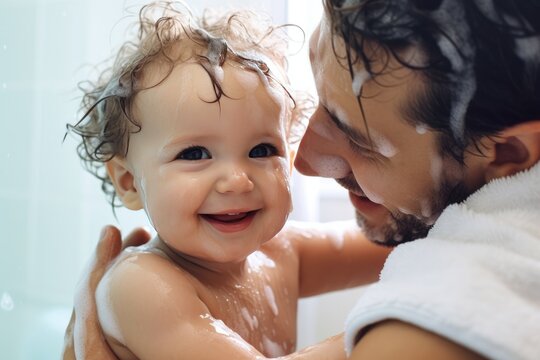 Tender moments in the bath: Father's love and care. Generative AI