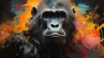 Neon Gorilla: Vibrant Oil Painting with Bold Brushstrokes. Generative AI