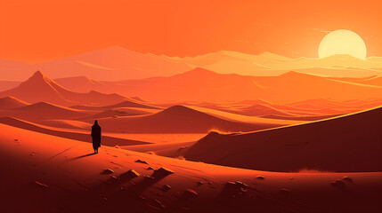 Man walking in the desert at sunset. 3d render illustration.