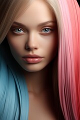 Portrait of a beautiful young woman with blue eyes and hair half blonde half pink. Surreal eternal beauty concept. Generative AI