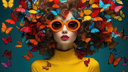  Surreal portrait of a woman with butterflies in her hair. Abstract photo in pop art collage style.  © Irina Sharnina