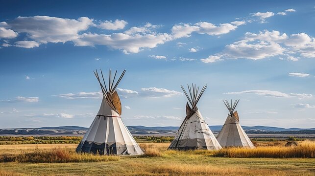 Native American Wigwams In The Fields. Created Using Generative AI Technology.