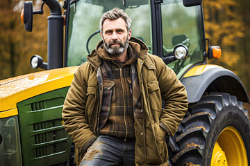 Obraz na płótnie Canvas Portrait of a handsome farmer standing on a tractor and nature background. Concept: bio ecology, clean environment, beautiful and healthy people, farmers.