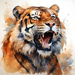 Watercolor tiger close up. Realistic painting on white background.