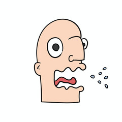 Close-up of a hand-drawn cartoon burping face of a man on a white background.