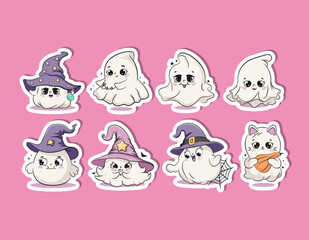 Cute halloween baby ghosts sticker set. Cartoon characters for kids. Vector illustration.
