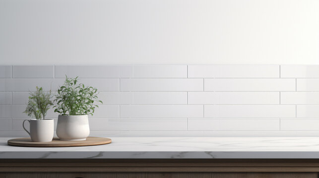 A close up of the white subway tile backsplash and marble countertops in a minimalist bathroom, copy space