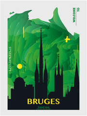 Bruges Belgium skyline cityscape abstract gradient poster art. Travel Flanders guide green cover city vector template for brochure, booklet, flyer