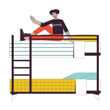 Latino man sitting up in bunk bed flat line color vector character. Editable outline full body person on white. Student in dorm waving hand simple cartoon spot illustration for web graphic design