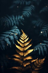 Golden fern leaf in a dark teal green forest. Christmas and winter foliage concept.
