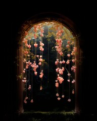 A dark curved arch window portal with backlit pink flowers hanging. Mystical fairy tale floral and architectural concept.