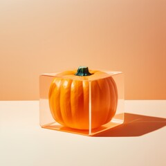 Orange jack o lantern Halloween pumpkin inside transparent acrylic ice cube. Minimal surreal autumn art direction concept.