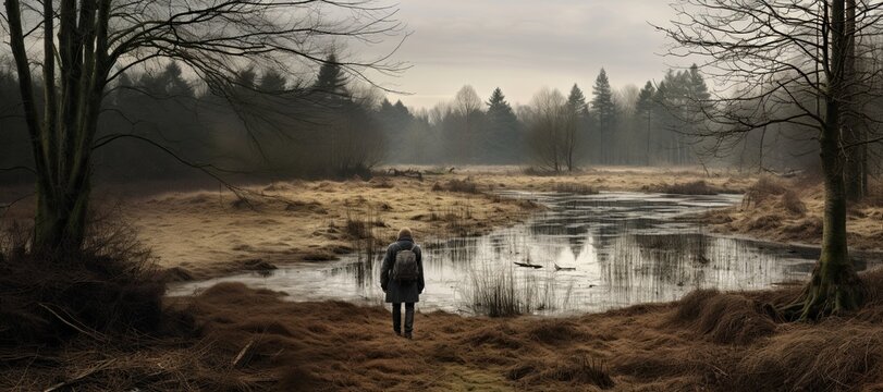 Panoramic shot of a wide marshland landscape with hiker figure. Rainy and cloudy day in nature photography.