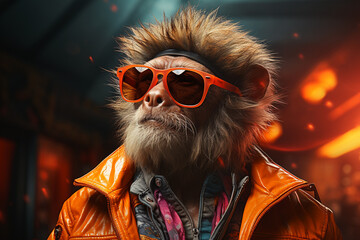 Monkey or ape with sunglasses and jacket, surreal animal character, cool portrait, party, generative AI