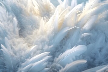Beautiful Soft and Light White Fluffy Feathers with blue background. Abstract. Heavenly Dreamy...