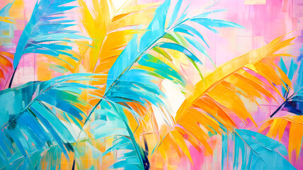 Fototapeta na wymiar Bunte Palmenblätter, Ölfarben auf Leinwand. Generiert mit KI