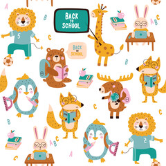 Seamless pattern cute animals go to school. Vector illustrations - 634762528