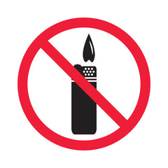 Forbidden lighter vector icon. Warning, caution, attention, restriction, label, ban, danger. No flame flat sign design pictogram symbol. No fire icon