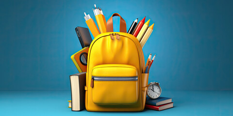 Back to school. Yellow backpack with books and school stuff on blue background