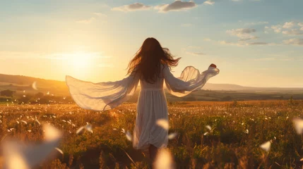 Printed kitchen splashbacks Meadow, Swamp a young pretty woman with long brown hair in a long white dress is walking through a field in the evening.