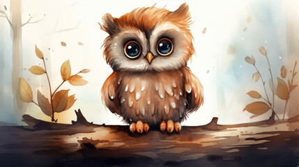 creative watercolor illustration of a cute owl sitting on a branch. comic cartoon style. Generative AI