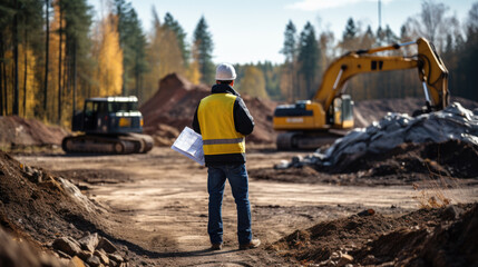 a worker or engineer with a white helmet with a plan on a construction site in the background stands an excavator. back view.