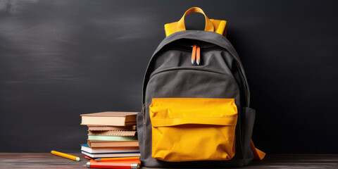 Fototapeta premium Yellow school bag with books and accessory on yellow background. Back to school concept