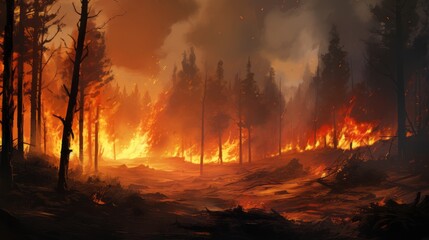 Wildfire in the woods. Illustration of Forest fires. Art of a raging woodland fire from inside. Burning trees. Burning forest after wildfire. Deforestation and carbon dioxide emissions concept.