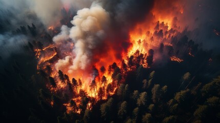 Wildfire in the woods. Aerial shot of Forest fires. Drone shot of a raging woodland fire. Burning trees, fire in the woods. Burning forest after wildfire. Deforestation and carbon dioxide emissions.