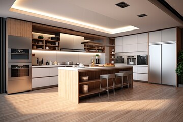 Stylish and functional modern kitchen with sleek design perfect for cooking and entertaining, Generative AI