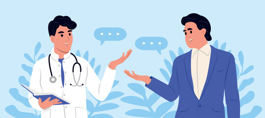 A male doctor is talking to a patient at the doctor's office. Prostate Cancer awareness month