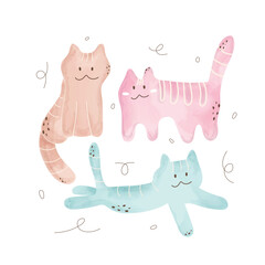 Watercolor hand painted cat set isolated on white. Vector illustration.