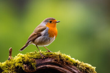 Fototapeta premium Close up view of Eurasian robin Erithacus rubecula European robin perched on a log.